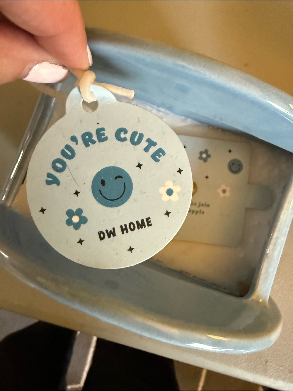 NEW! DW Home Light Blue 'You're Cute' Smiley ceramic holder w/candle 20 ounces - Picture 2 of 6
